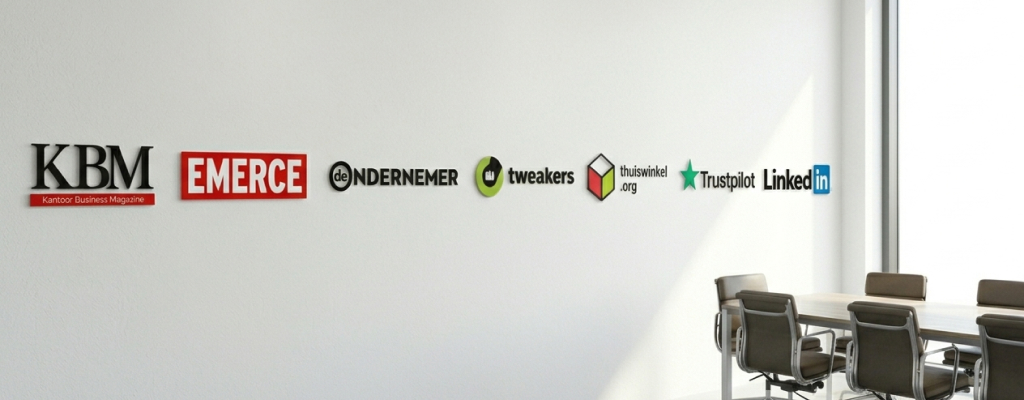Media logos on wall in meeting room